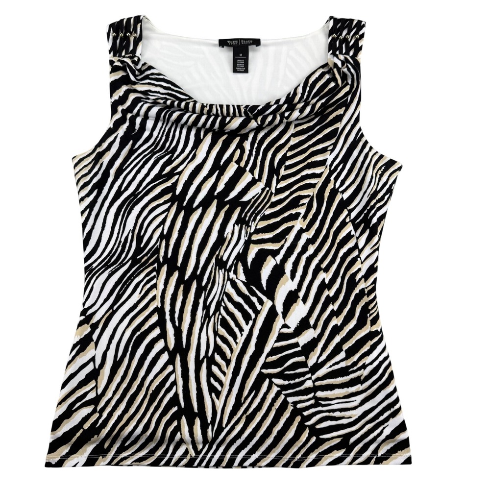 White House Black Market Zebra Print Cowl Neck Top Gold Bead Accents Womens M